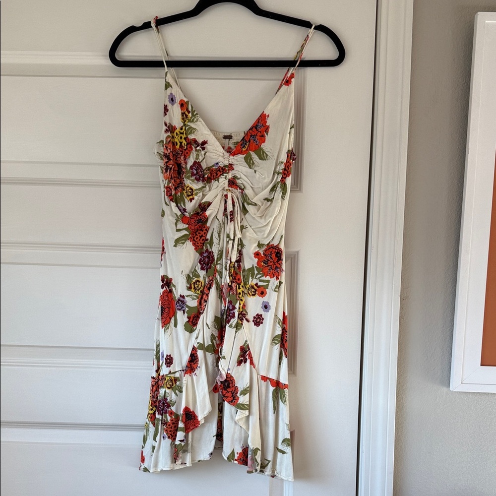 Free People Ruched V-Neck Slip Dress - White with Red & Green Floral Print